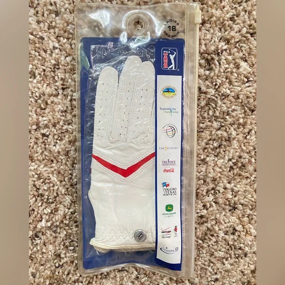 PGA Leather pair of golf gloves White red with Button Marker girl's 18 New